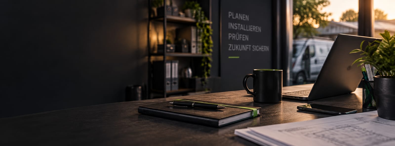 Moderner Arbeitsplatz mit Laptop und Planungsunterlagen bei Abendlicht