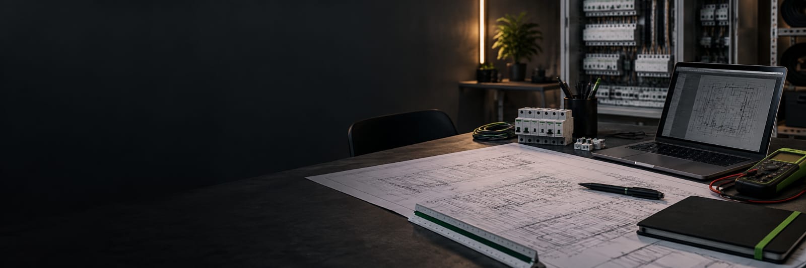Planungsarbeitsplatz mit Elektroplänen, Laptop und Komponenten der Elektrotechnik