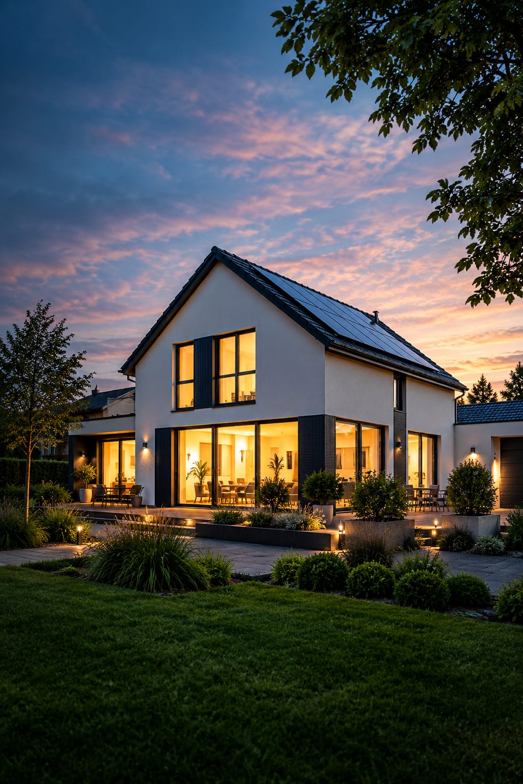 KI-generierte, atmosphärische Visualisierung eines modernen Einfamilienhauses mit Photovoltaikanlage in der Abenddämmerung. Stimmungsbild zum Thema Elektrotechnik und Energie, kein reales Lastwerk-Projekt und keine echte Immobilie.