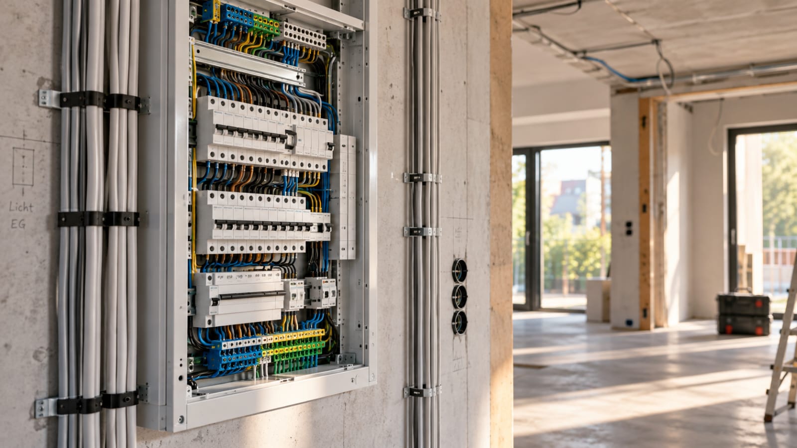 KI-generierte Visualisierung einer geöffneten Elektro-Unterverteilung mit sauber geführten Leitungen auf einer Neubau-Baustelle.