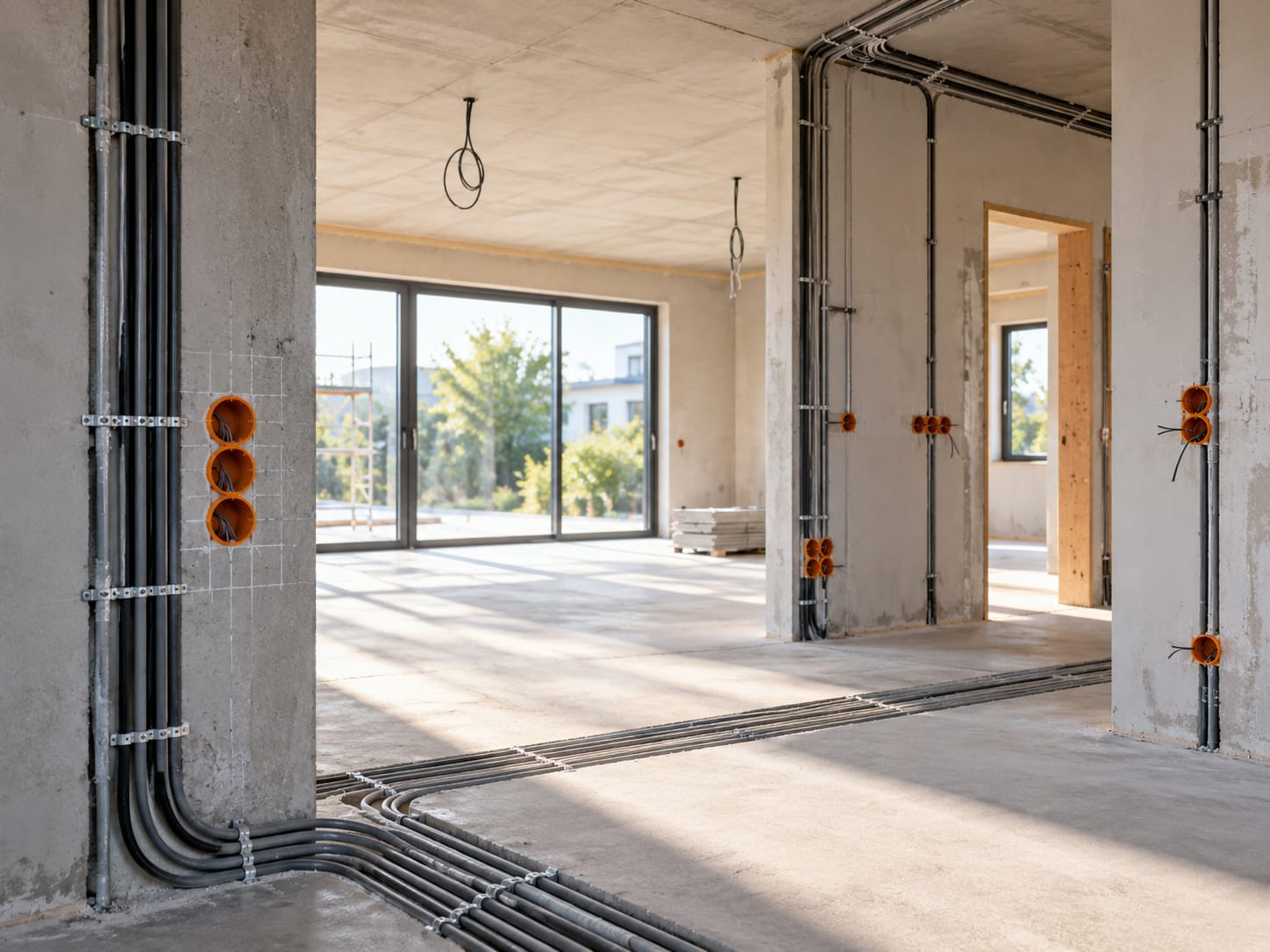 KI-generierte Visualisierung einer Neubau-Rohinstallation mit offen verlegten Elektroleitungen und Unterputzdosen in einem im Bau befindlichen Gebäude.