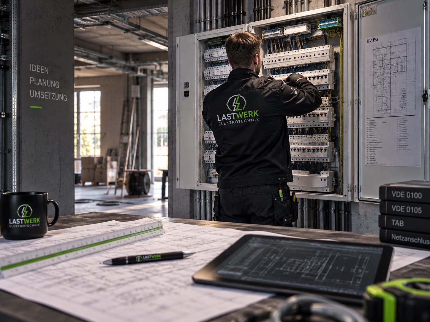 Visualisierung der Umsetzung einer Elektroplanung an einer elektrischen Verteilung
