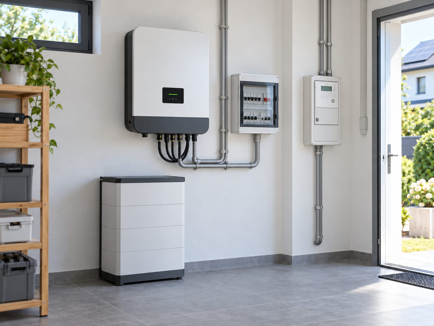 KI-generierte Visualisierung eines Technikraums mit PV-Wechselrichter, Batteriespeicher und elektrischer Einbindung in die Verteilung.