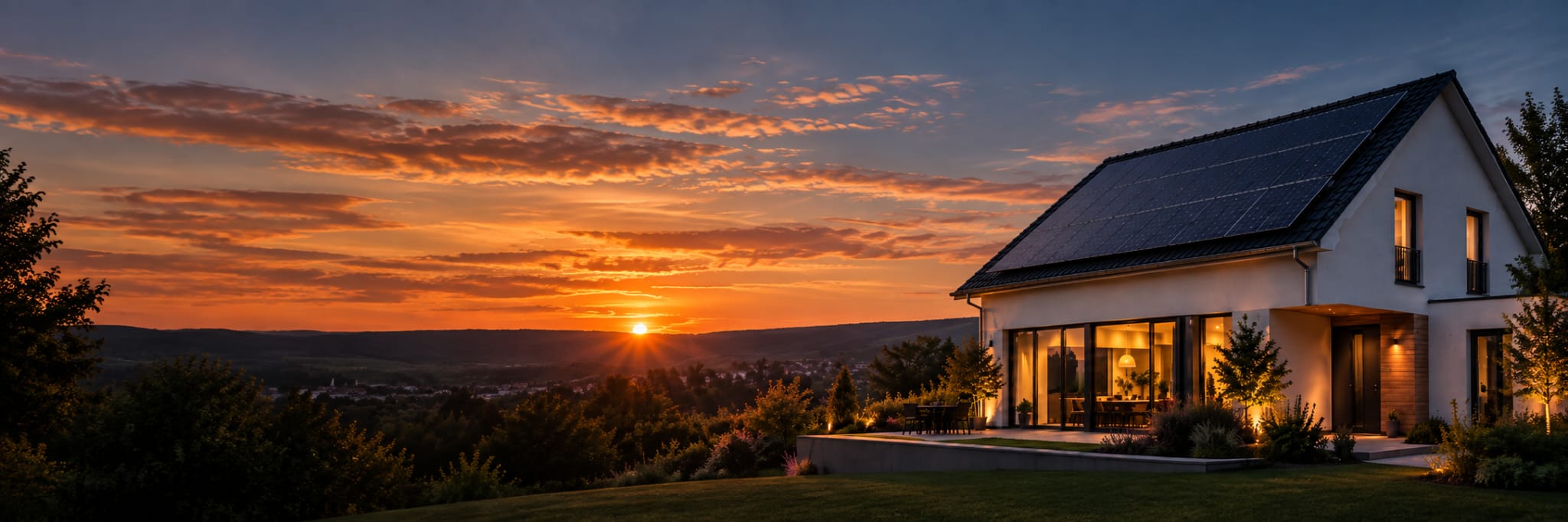 KI-generierte Visualisierung eines modernen Wohnhauses mit Photovoltaikanlage bei Sonnenuntergang in extra breitem Panoramaformat.