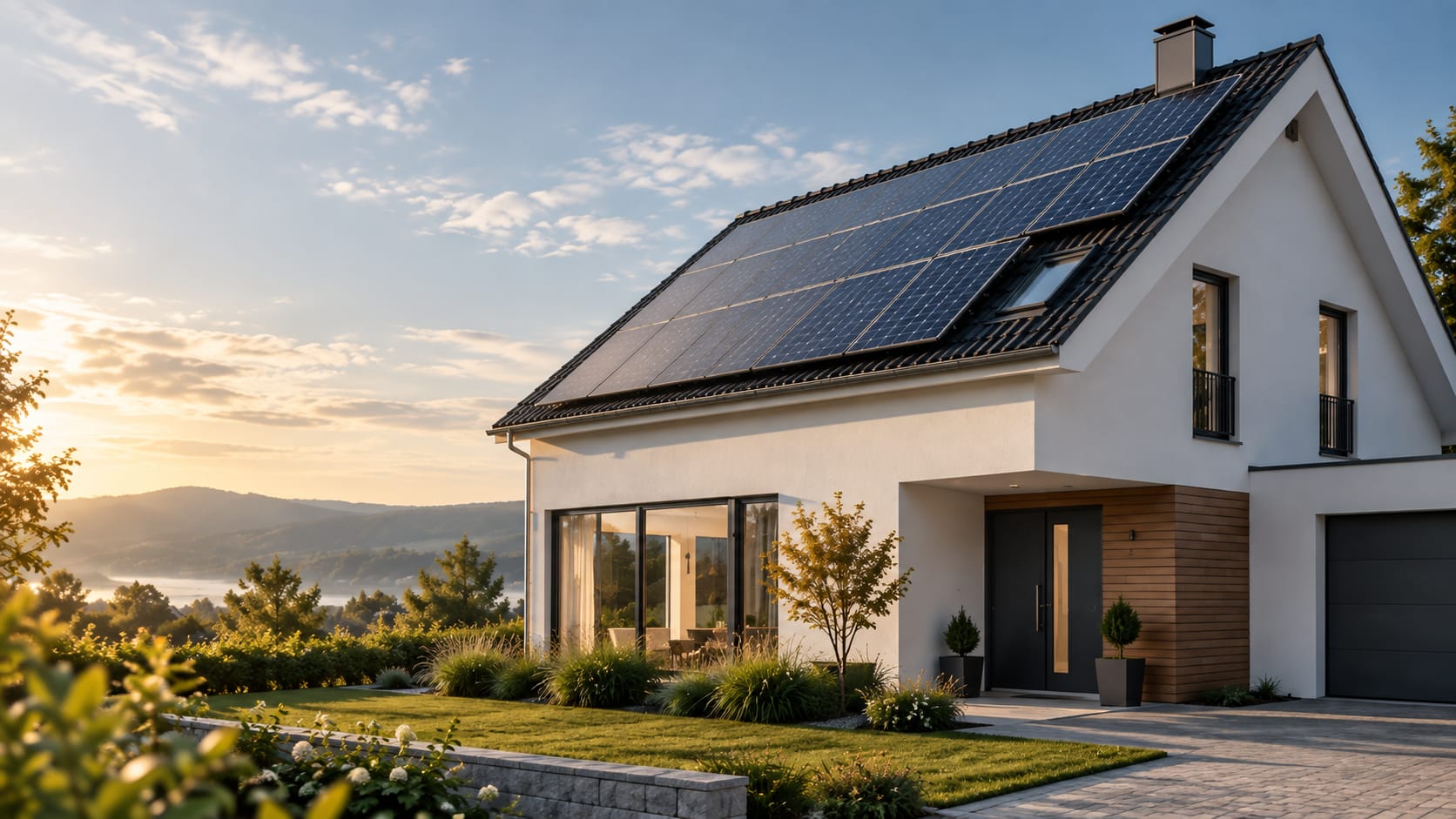 KI-generierte Visualisierung eines modernen Einfamilienhauses mit Photovoltaikanlage auf dem Dach.