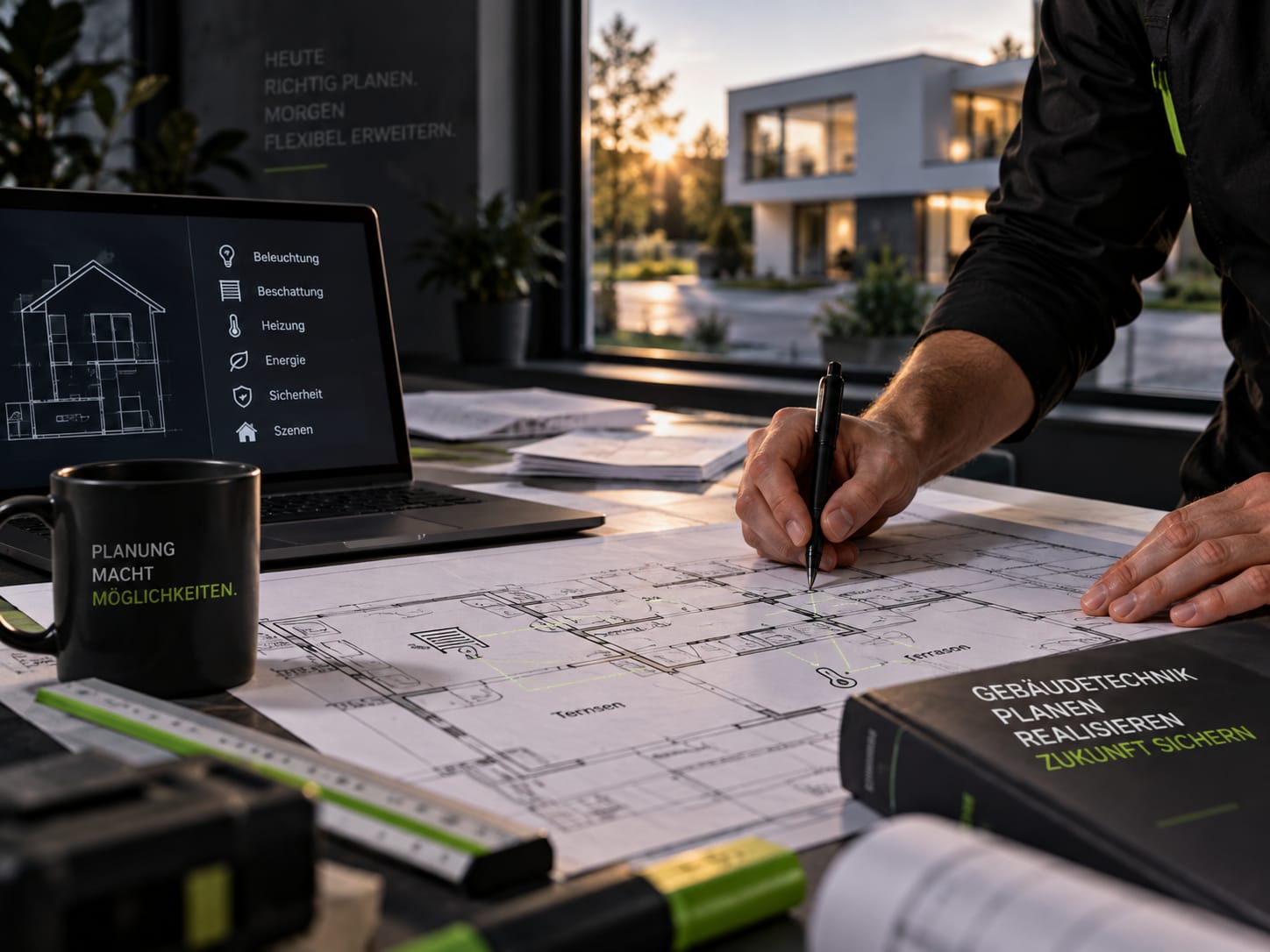 Visualisierung einer Smart-Home-Planung mit technischen Planunterlagen und digitaler Gebäudesteuerung