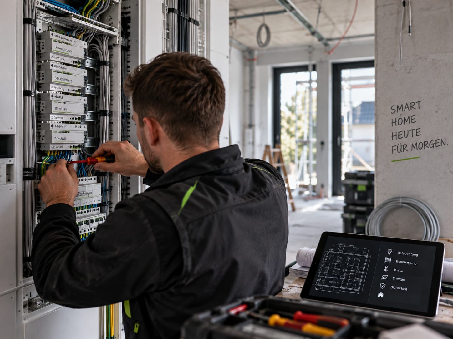 Visualisierung der Installation einer intelligenten Gebäudesteuerung in einem Wohngebäude