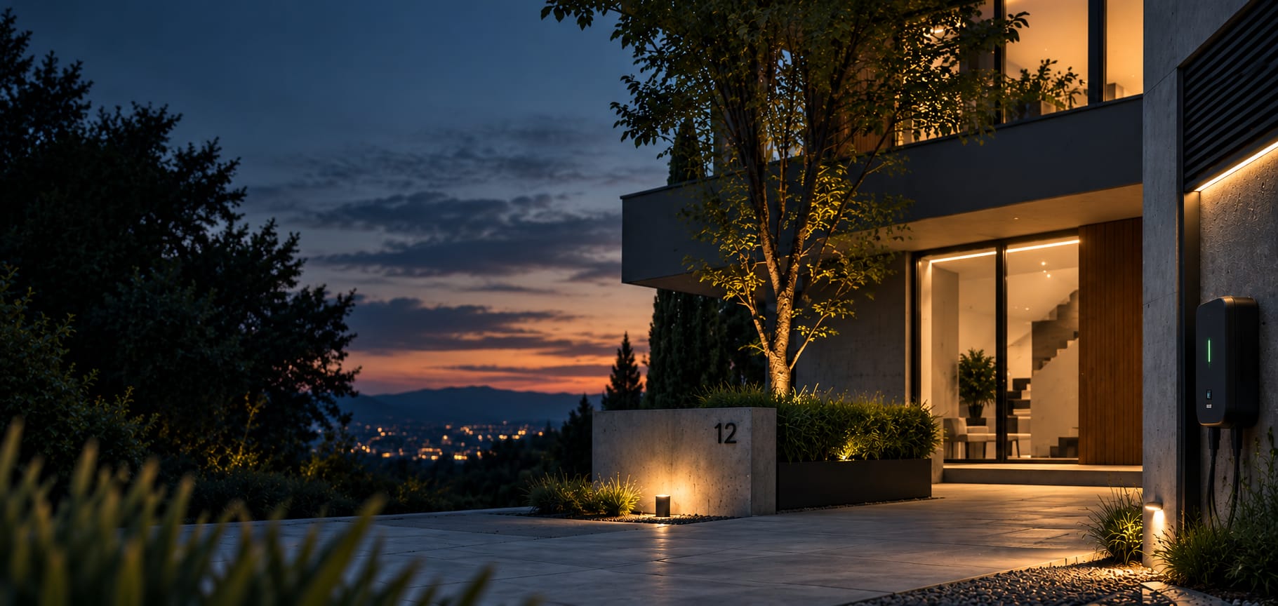 Modernes Wohnhaus mit elektrischer Gebäudetechnik bei Abendlicht