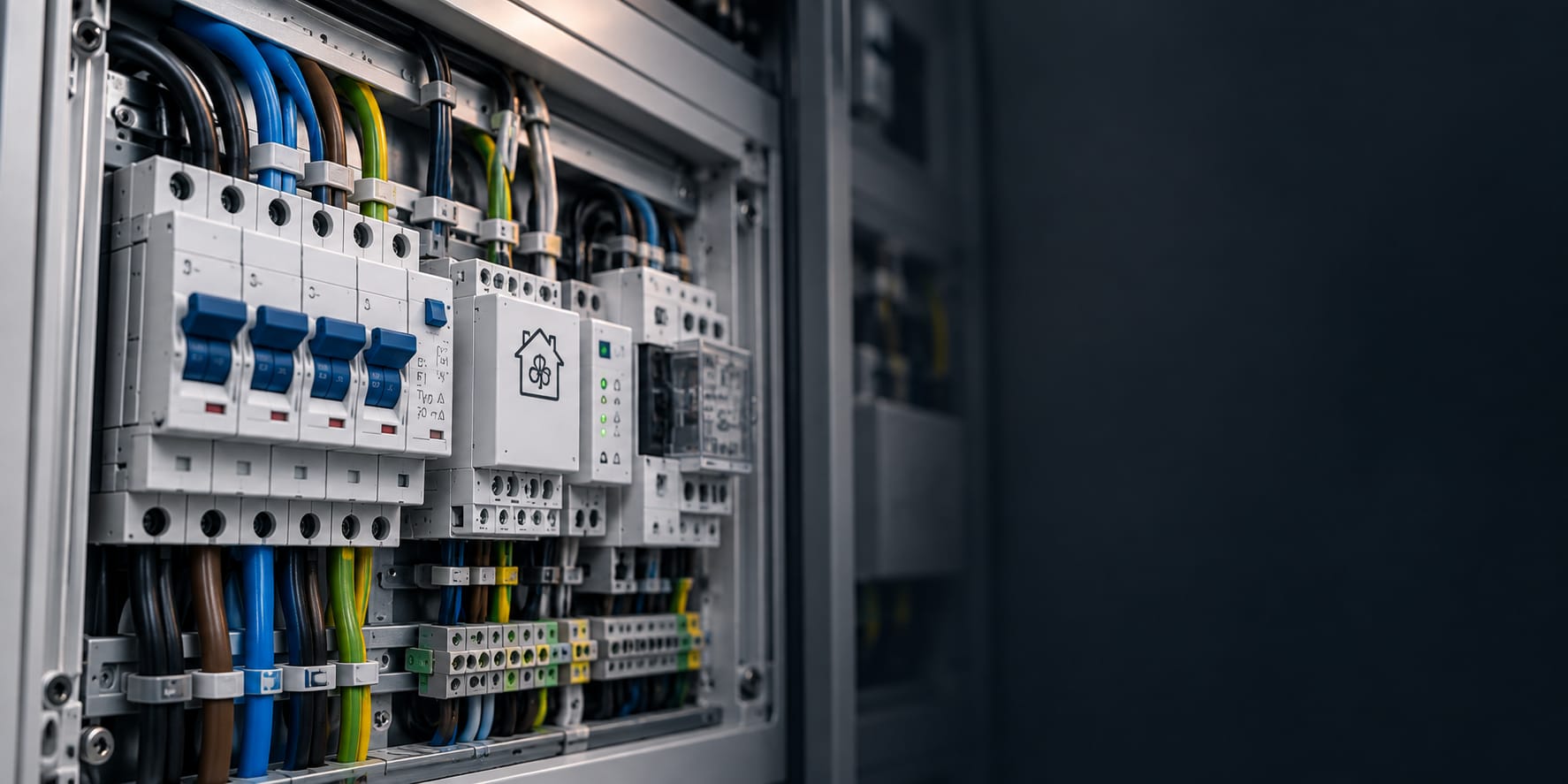 Detailansicht einer modernen Elektroverteilung für den Anschluss und die Steuerung einer Wärmepumpe