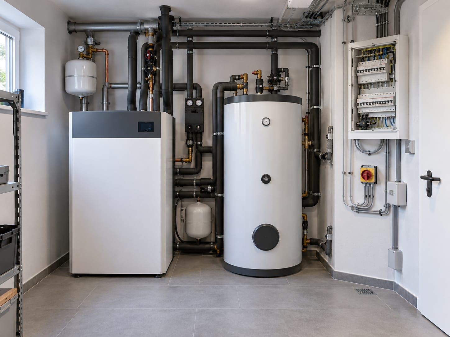 KI-generierte Visualisierung eines modernen Technikraums mit Wärmepumpentechnik, Speicher und elektrischer Verteilung.