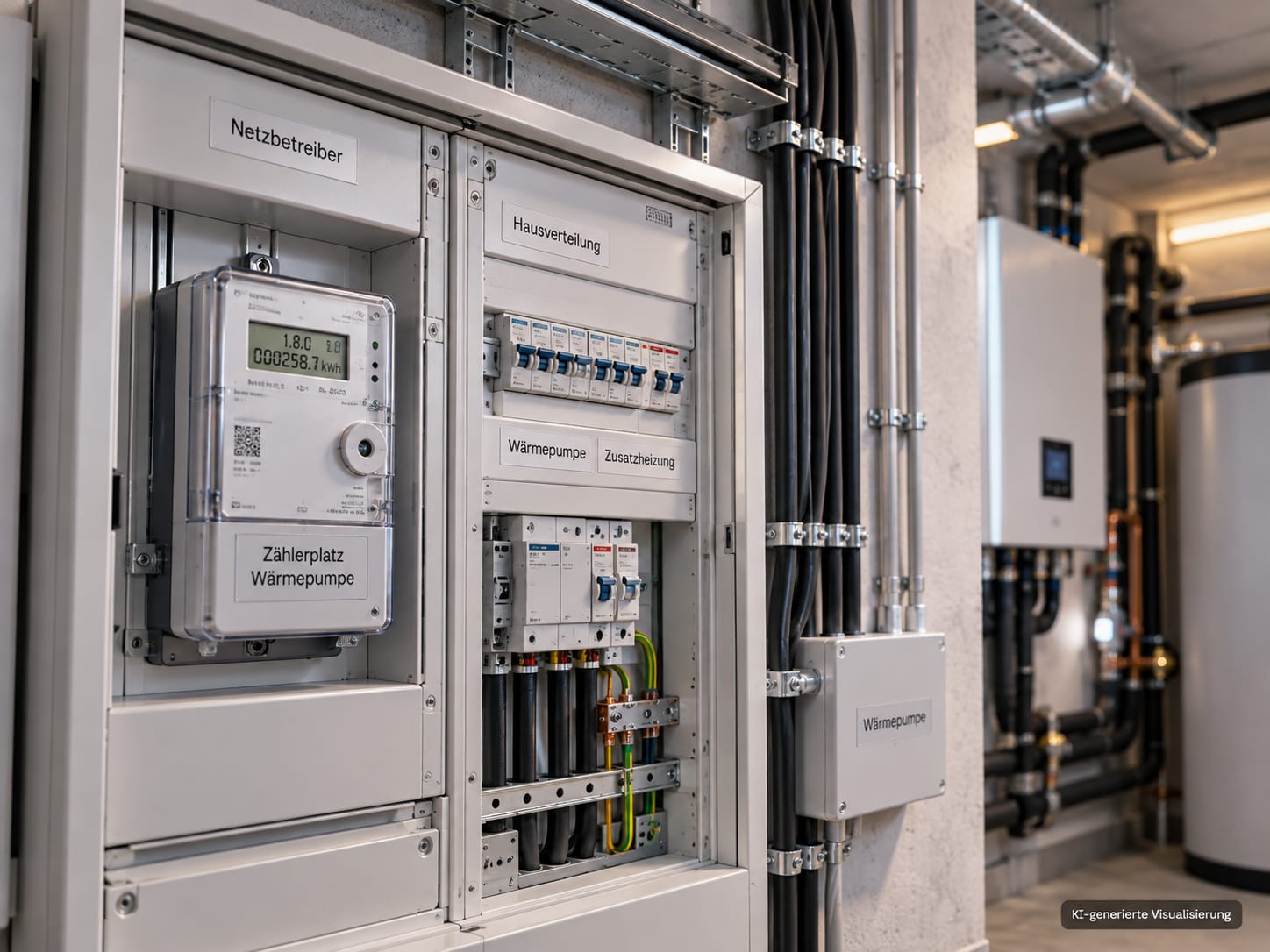Zähleranlage und Elektroverteilung für den Anschluss einer Wärmepumpe – KI-generierte Visualisierung