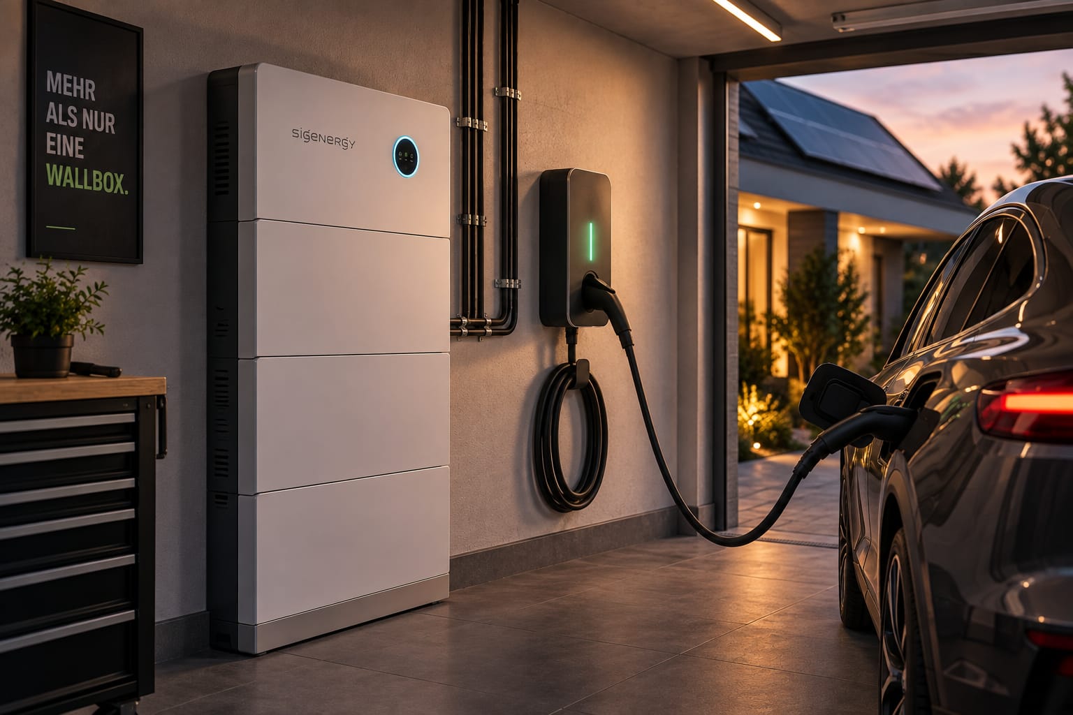 Stromspeicher und Wallbox beim Laden eines Elektroautos im Zusammenspiel mit einer Photovoltaikanlage