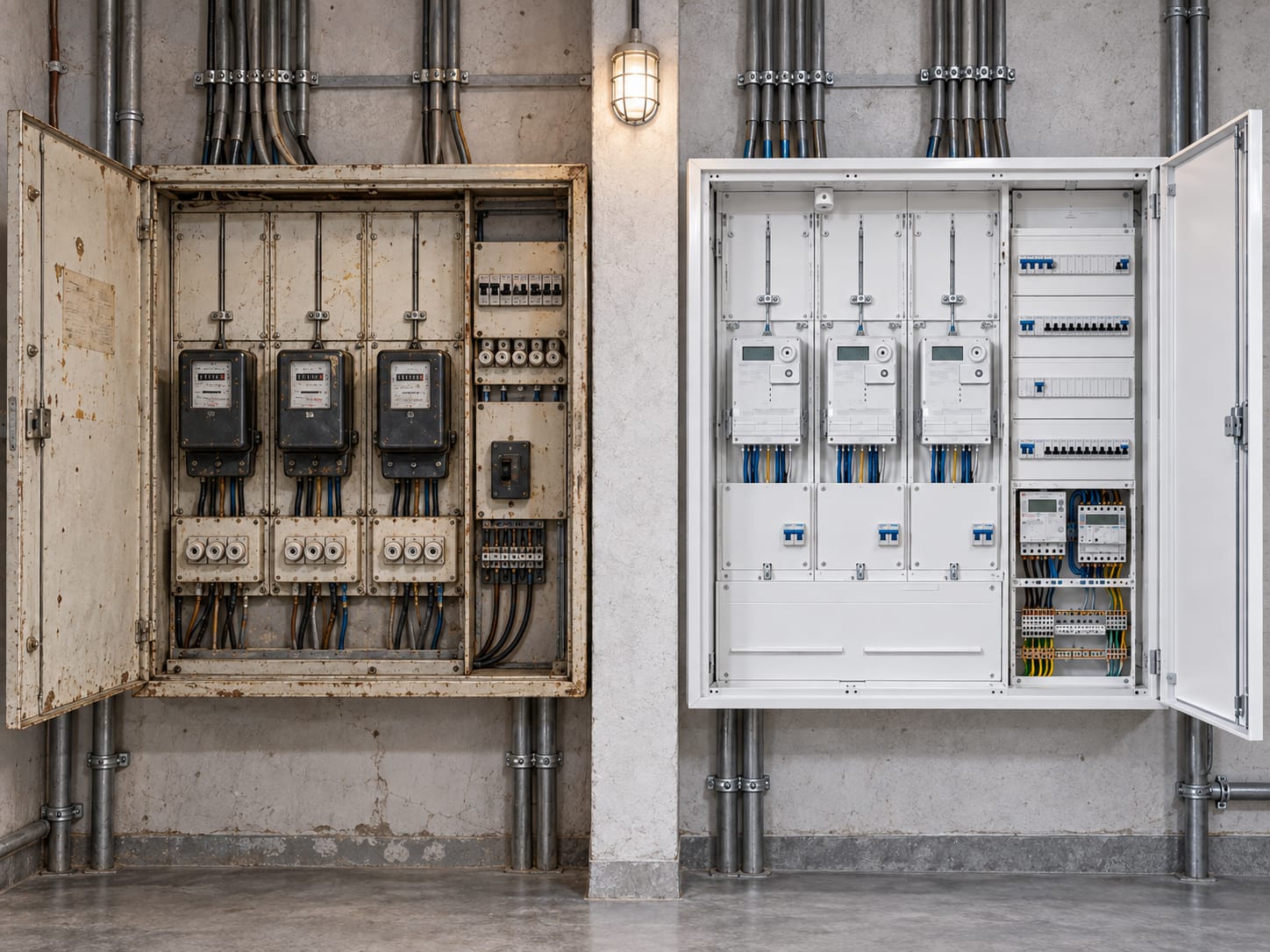 KI-generierte Visualisierung einer alten und einer modernisierten Zähleranlage im direkten Vergleich.