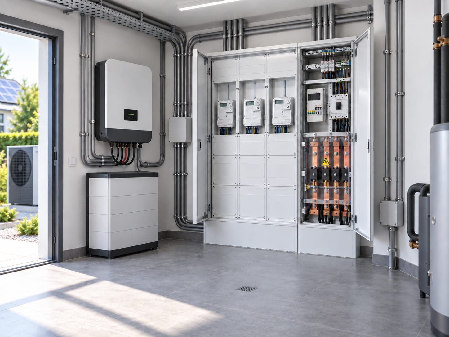 KI-generierte Visualisierung einer modernen Zähleranlage mit Einbindung von Photovoltaik, Stromspeicher, Wärmepumpe und Ladeinfrastruktur.