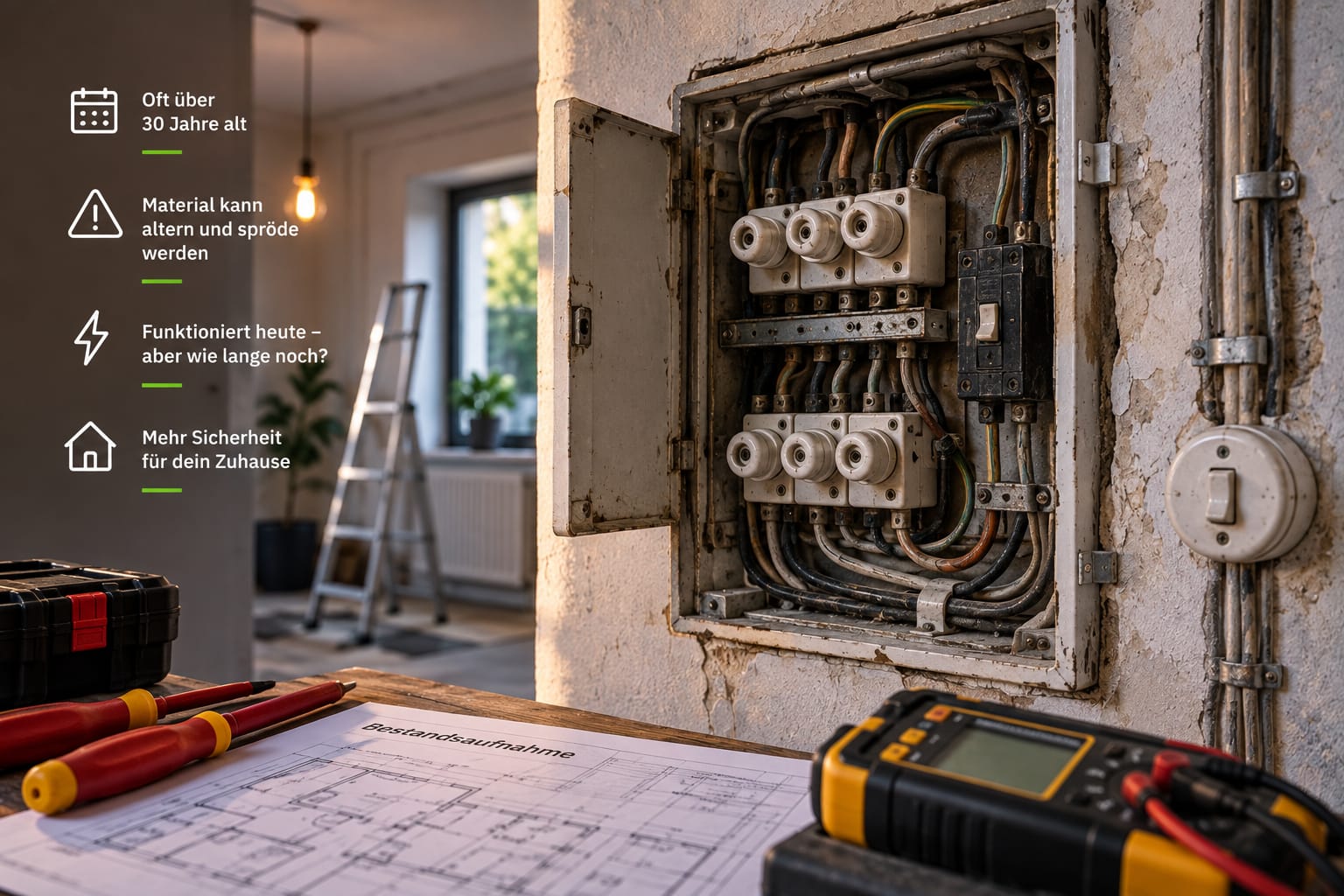 Ältere Elektroinstallation mit alten Sicherungen und Leitungen in einem Wohngebäude