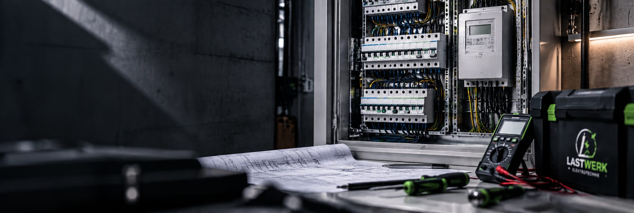 Moderne Elektroverteilung mit Messgerät und technischen Planunterlagen