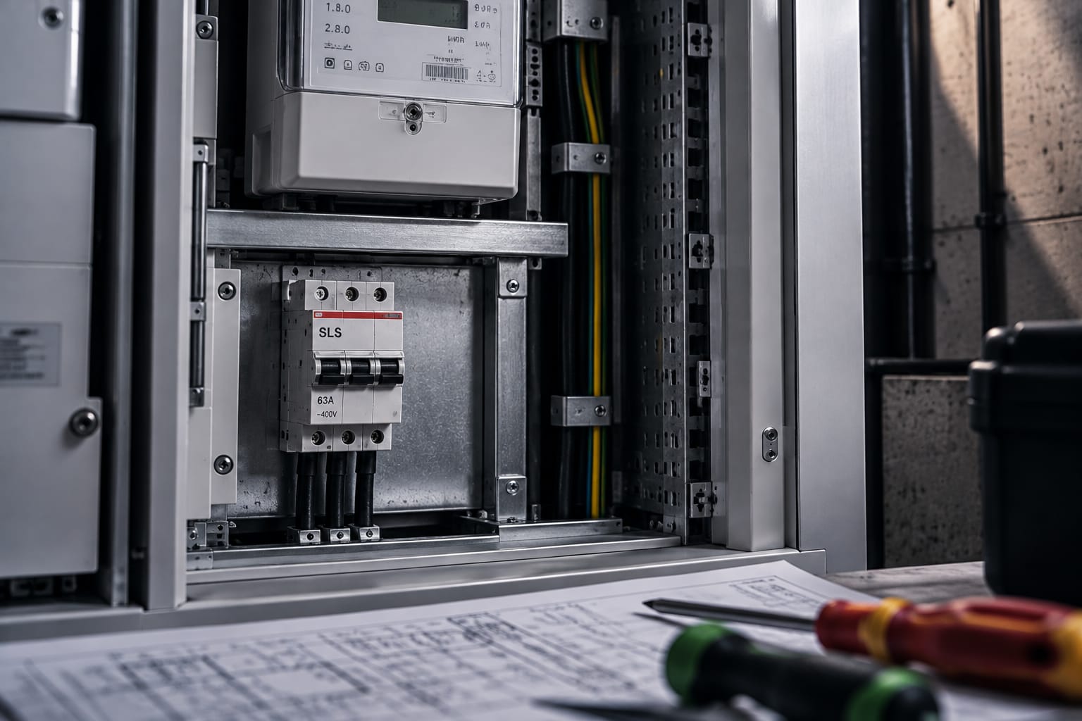 SLS-Schalter im unteren Anschlussbereich unterhalb eines Stromzählers