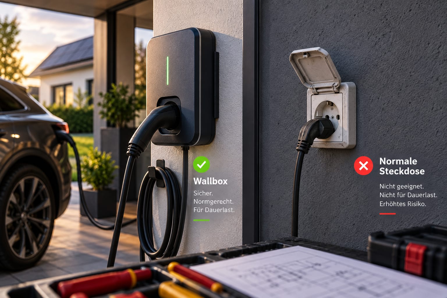 Wallbox und normale Steckdose im Vergleich beim Laden eines Elektroautos